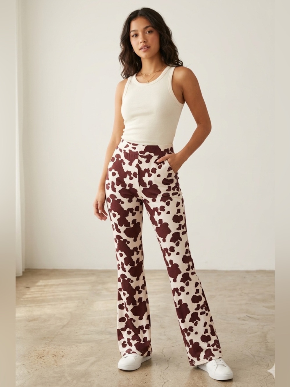 Aesthetic SHEIN Cream and Brown Cow Spot Wide-Leg Pants